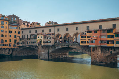 Arch bridge over river against buildings in city