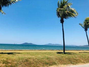 Scenic view of sea against clear blue sky