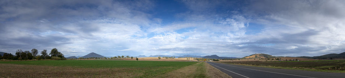 Panoramic view of road amidst field against sky