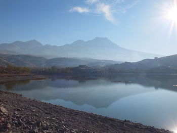 Scenic view of lake and mountains against sky