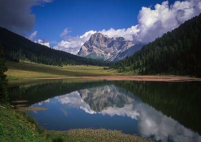 Panoramic view of lake and mountains against sky