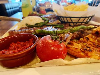 Close-up of food served on table