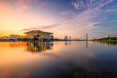 Scenic view of water against sky at sunset