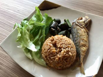 High angle view of food served on table