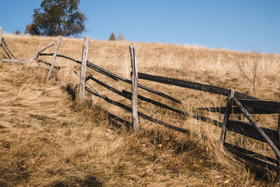 Fence on field against clear sky