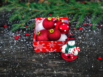 Close-up of christmas decorations on table