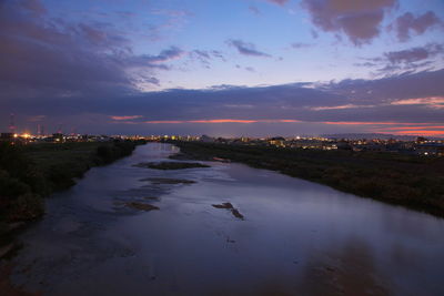 Scenic view of river against sky at sunset