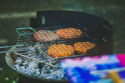 Close-up of meat on barbecue grill