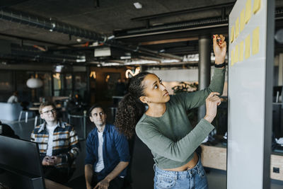 Female computer programmer writing on adhesive notes at business meeting in office