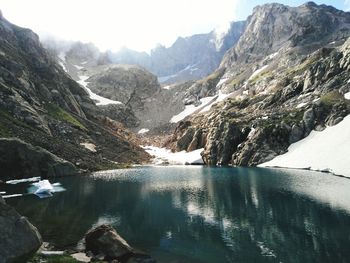 Scenic view of lake and mountains against sky