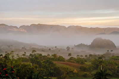 Scenic view of mountains against sky during sunset