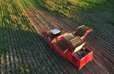 High angle view of traditional windmill on field