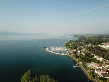 High angle view of bay against sky