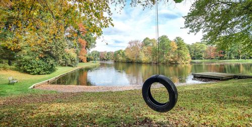 Scenic view of lake in park during autumn