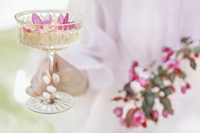 Champagne glass with pink petals of apple blossoms and a flowering branch on the background. drink