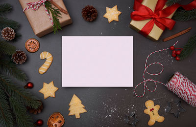 High angle view of christmas decorations on table