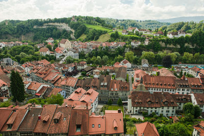 High angle view of buildings in town