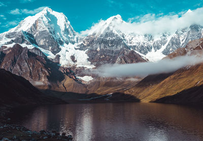 Scenic view of lake and snowcapped mountains against sky