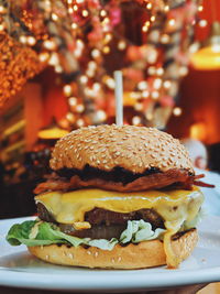 Close-up of burger in plate on table