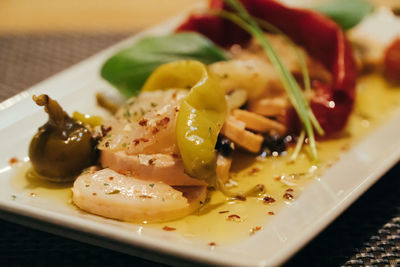 Close-up of served food in plate