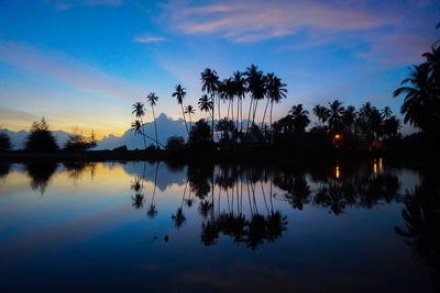 Reflection of silhouette coconut palm trees on calm lake against sky at dusk