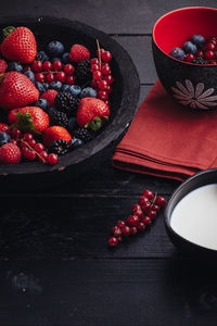 High angle view of strawberries in bowl on table