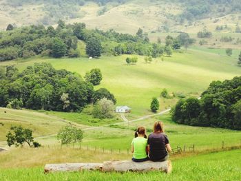 Rear view of people sitting on agricultural field