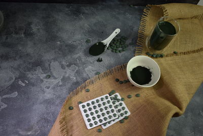 High angle view of coffee on table