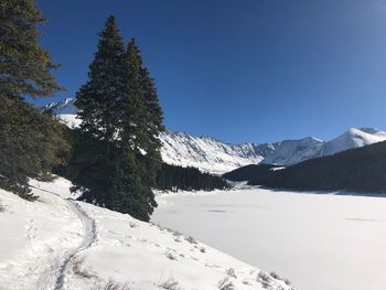 Scenic view of snowcapped mountains against clear blue sky