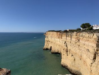 Scenic view of sea against clear blue sky