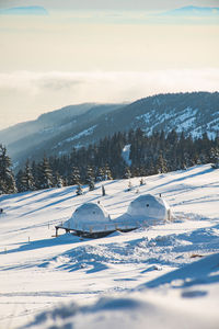 Scenic view of snow covered field against sky