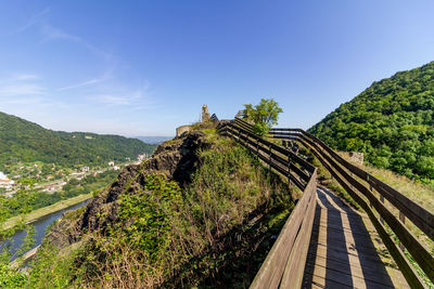 Scenic view of mountains against blue sky