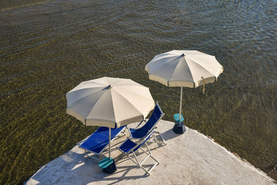 High angle view of umbrellas on beach