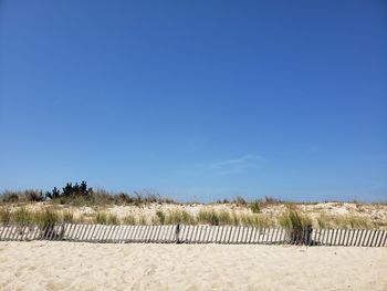 Scenic view of beach against clear blue sky