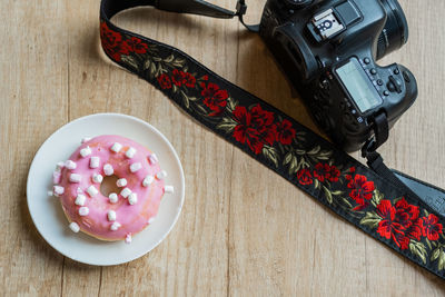 High angle view of dessert on table
