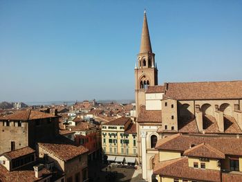 High angle view of bell tower against blue sky