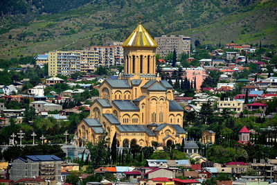 High angle view of buildings in city