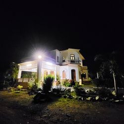 Illuminated building by trees against sky at night