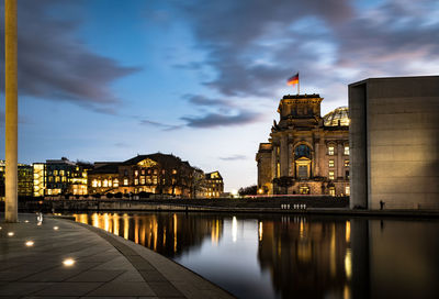 Reflection of buildings in city at waterfront