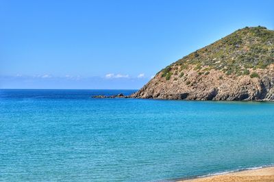 Scenic view of sea against clear blue sky