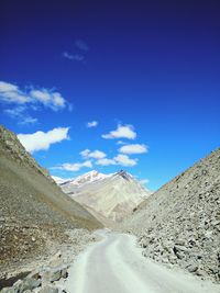 Scenic view of mountains against blue sky