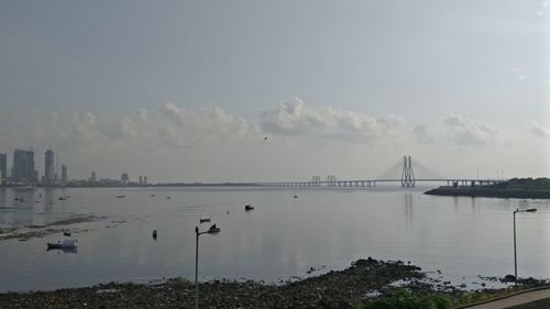 View of suspension bridge over river