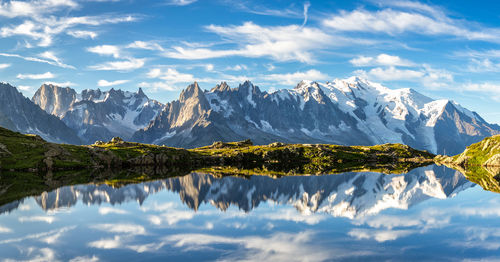 Panoramic view of snowcapped mountains against sky