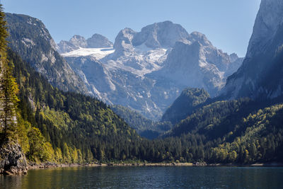 Scenic view of lake and mountains against sky