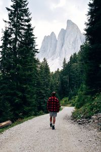 Rear view of man walking on mountain road