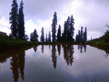 Reflection of trees in lake against sky