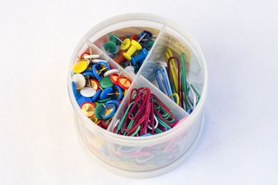 High angle view of multi colored jar on table