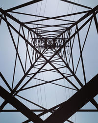 Low angle view of electricity pylon against clear sky