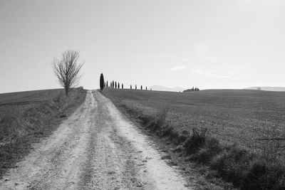 Dirt road amidst field against clear sky