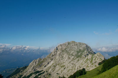 Scenic view of mountains against clear blue sky